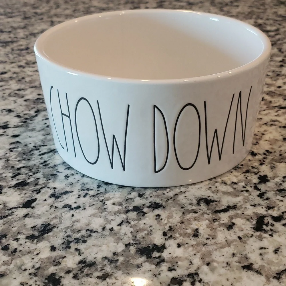 Rae Dunn ceramic pet feeding bowl.